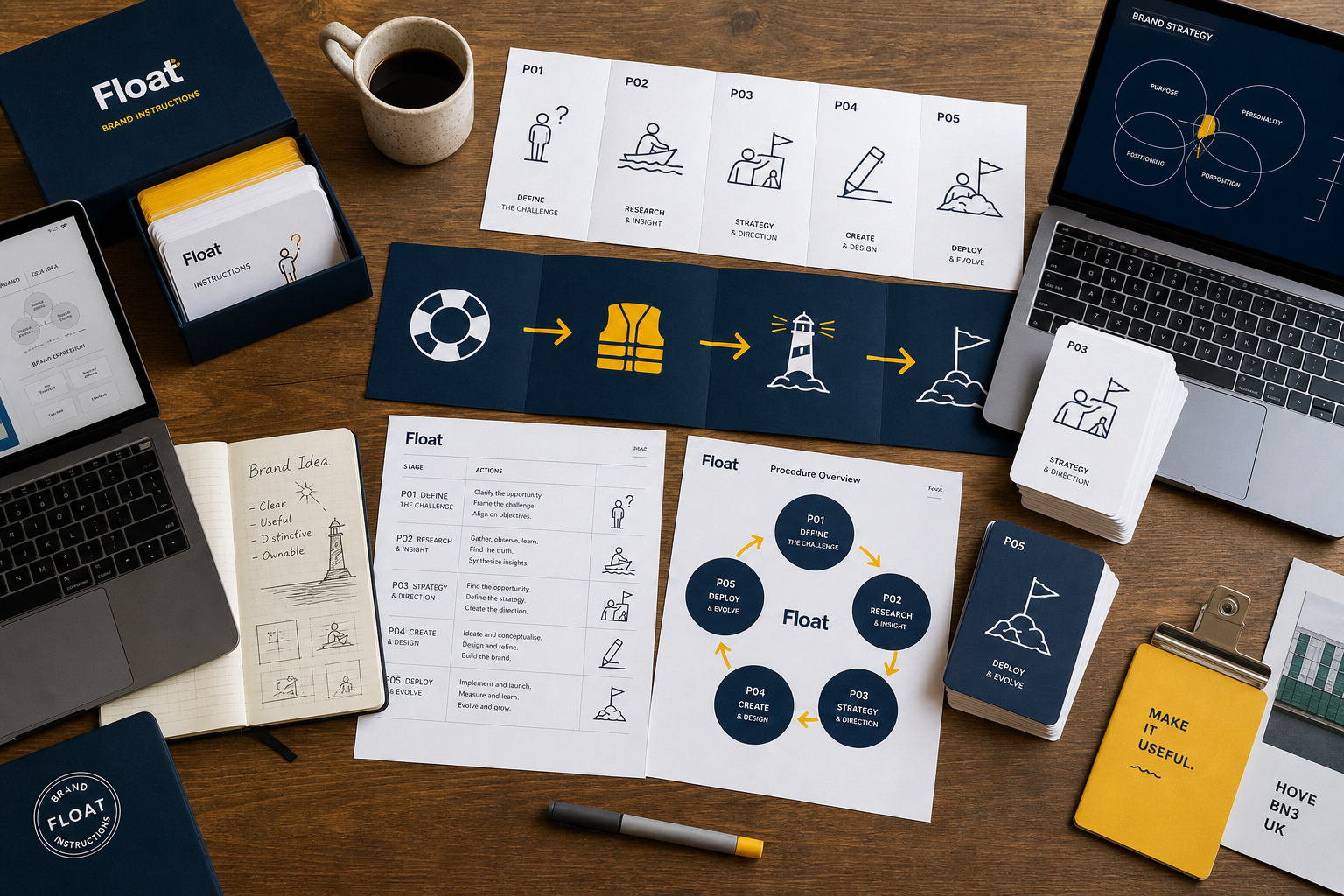 BCNC strategy desk with foldout instruction cards and brand planning materials