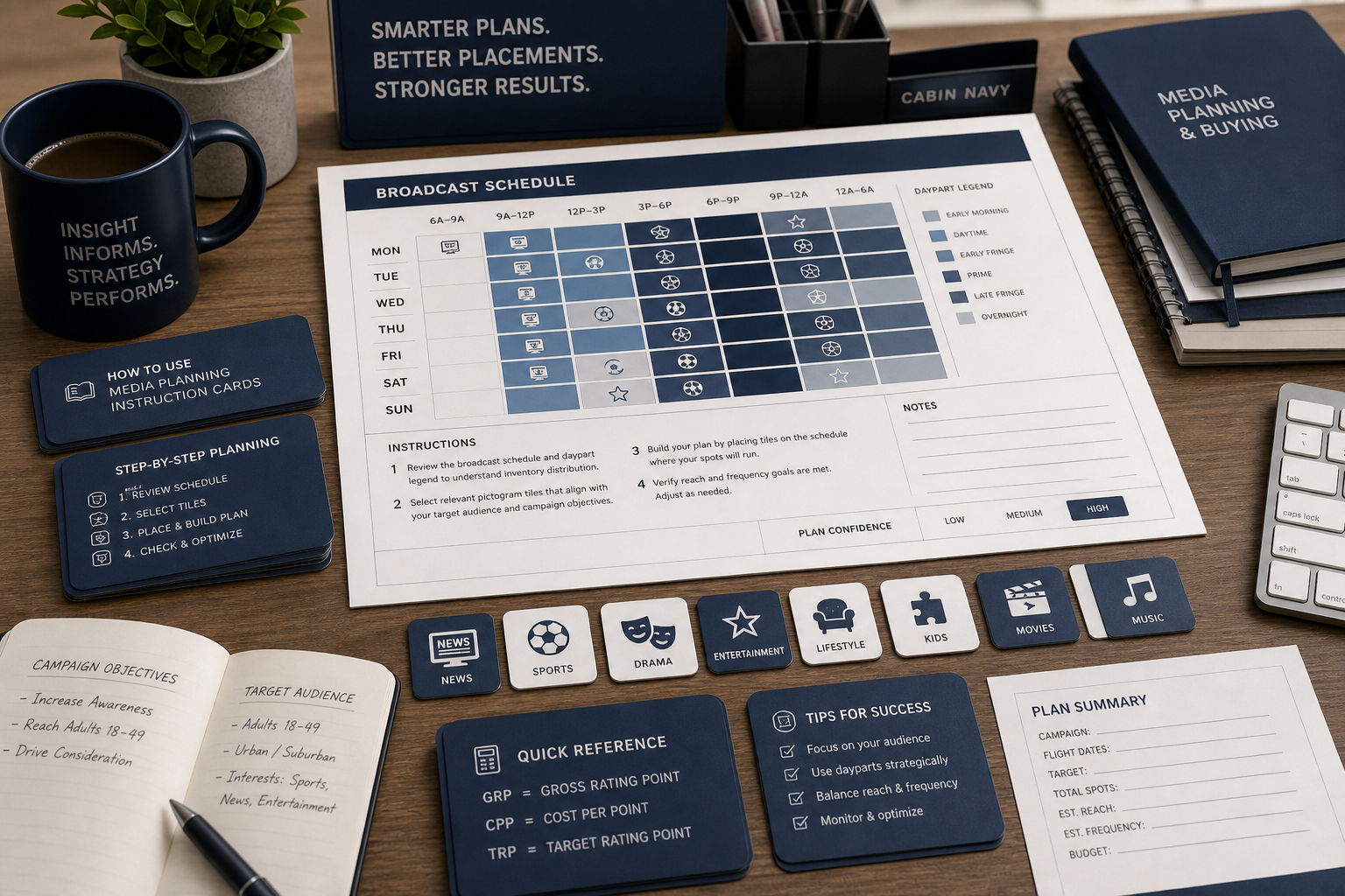 Media planning procedure board with outreach sequence panels