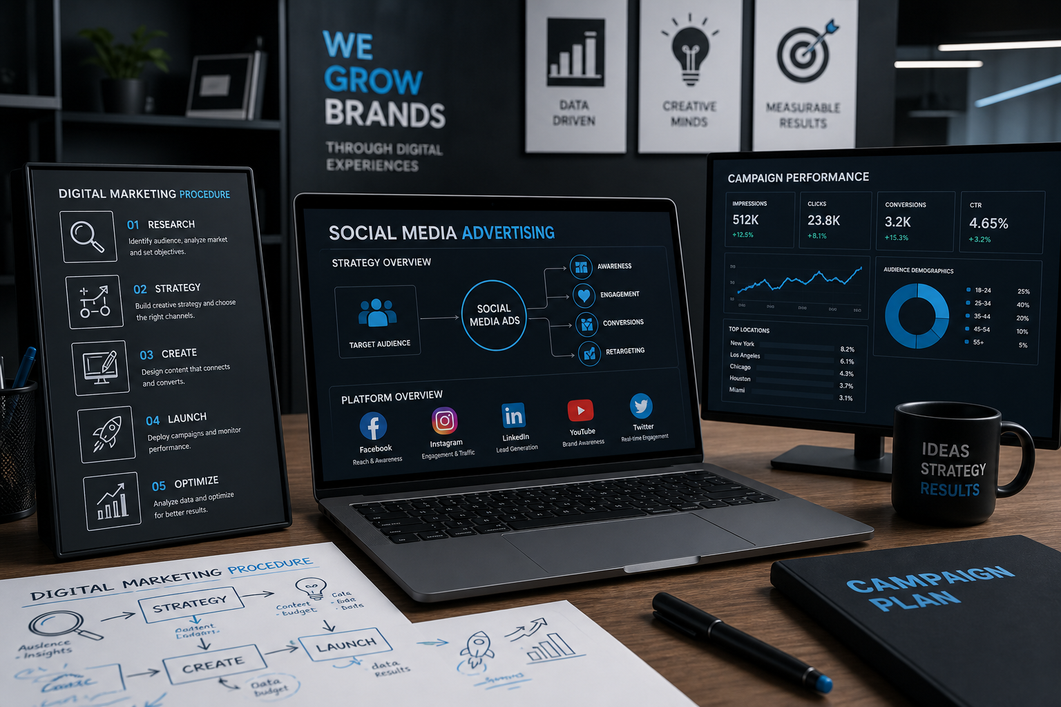 Digital marketing workspace with social media advertising diagrams