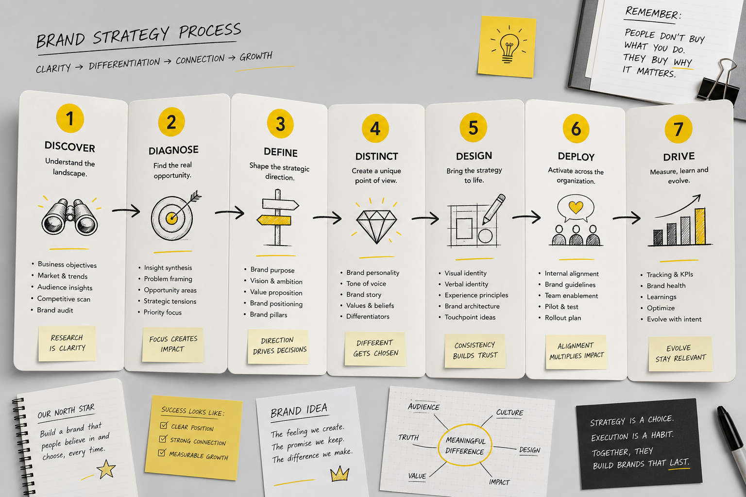 Numbered step panels on brand strategy procedure cards