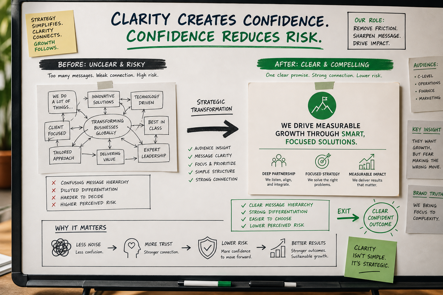 Brand strategy instruction panels showing before and after clarity transformation