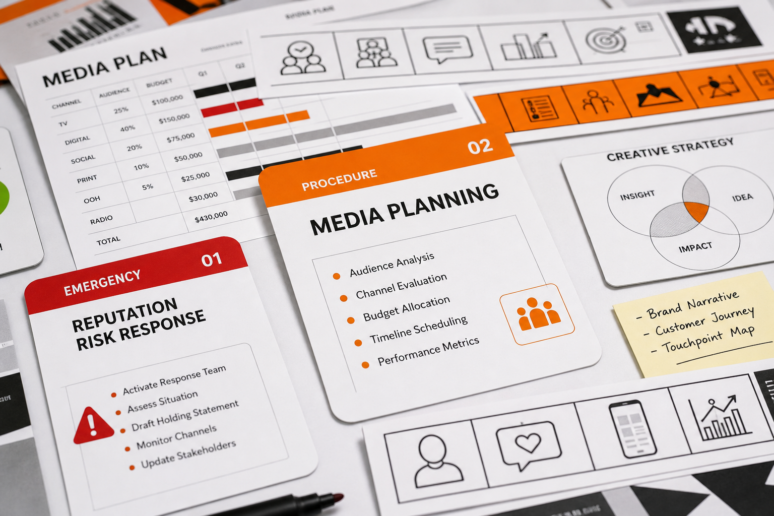 Advertising campaign procedure cards and creative development materials