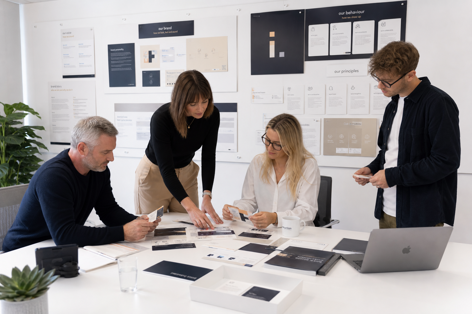 BCNC team reviewing brand strategy procedure boards in Hove office